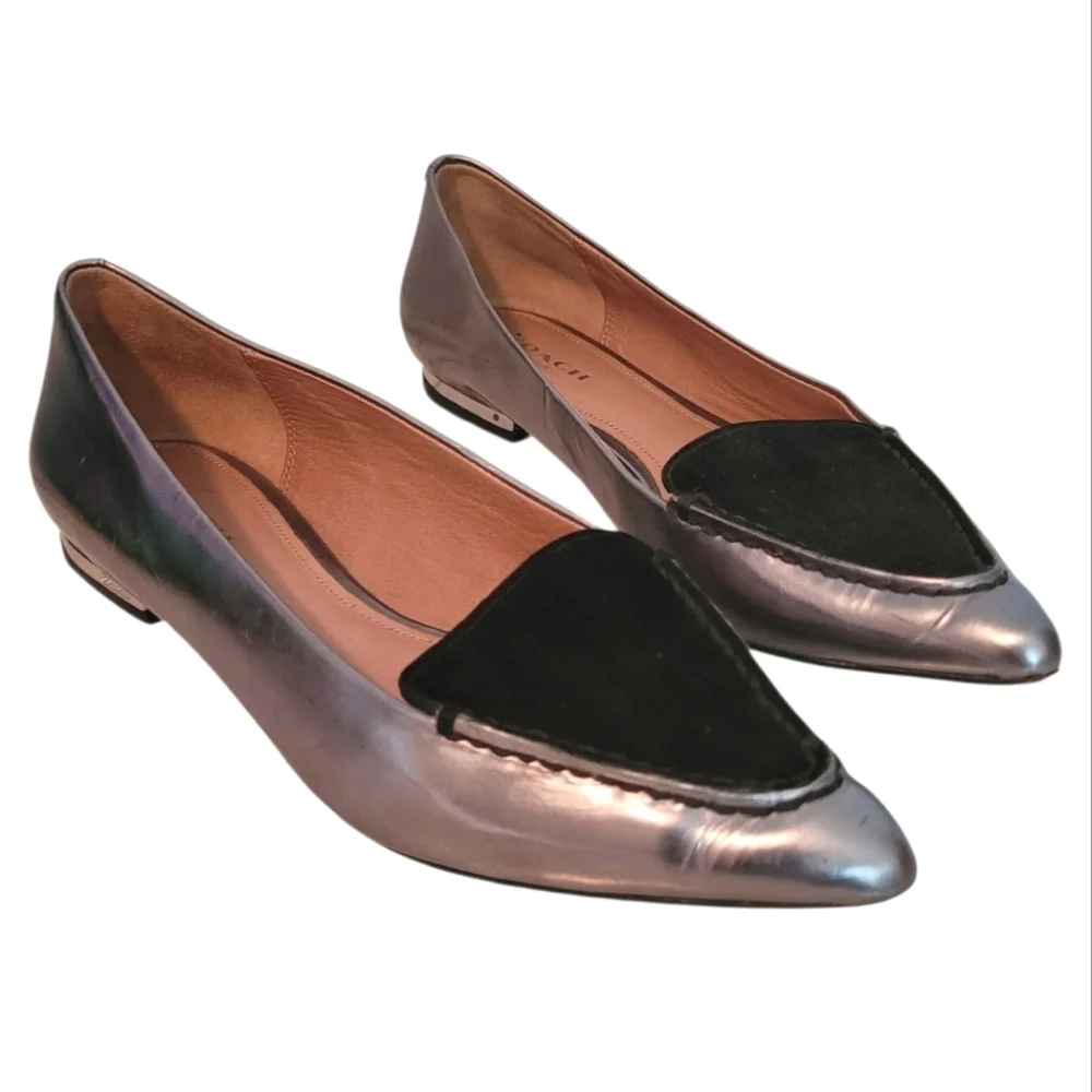 Coach Walsh Silver Metallic Mirror Leather Black Suede Pointed Toe Flats Shoes 6